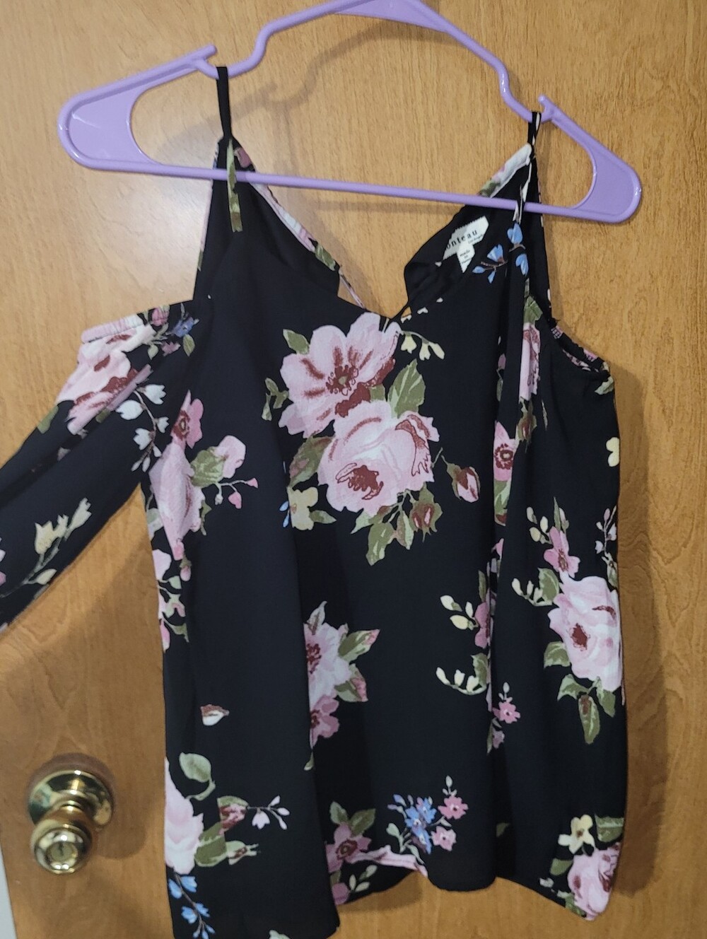 Monteau Black Floral Cold-Shoulder Top with Pink Blooms
